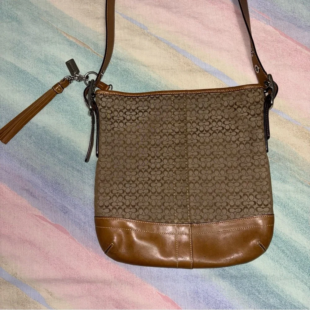 Coach Signature C Handbag with Caramel Brown Leather Strap & Bottom F10417